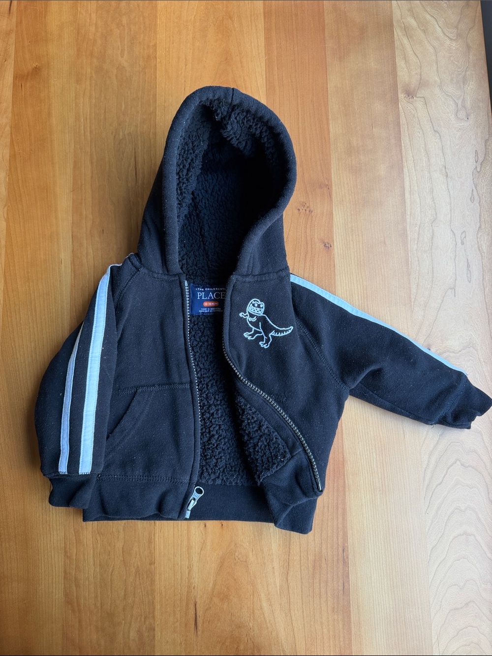 The Children's Place Black Hooded Sherpa Jacket with Light Blue Stripes & Dino